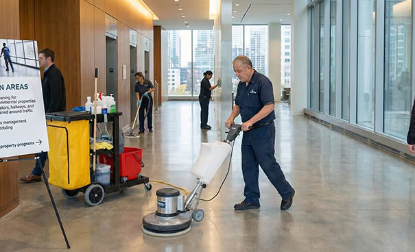 Common area cleaning for property management - lobby, elevator, and hallway maintenance